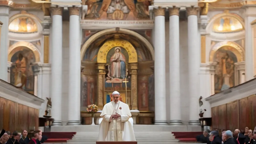 a man in a priest's outfit standing at the alter of a church