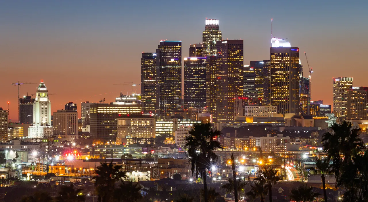 a view of a city skyline at night