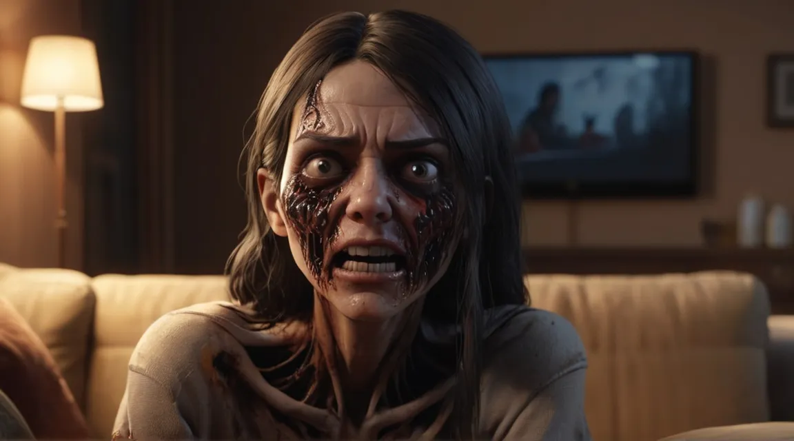 a woman with blood on her face sitting on a couch