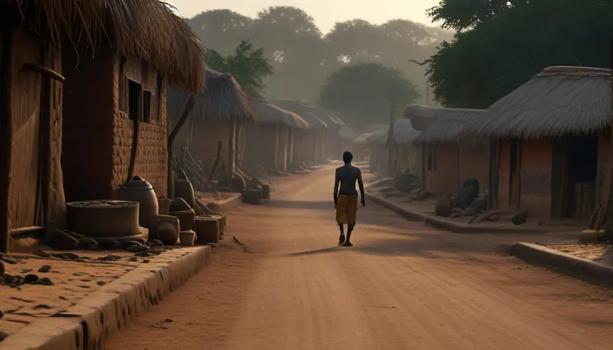 a man walking down a dirt road in a village