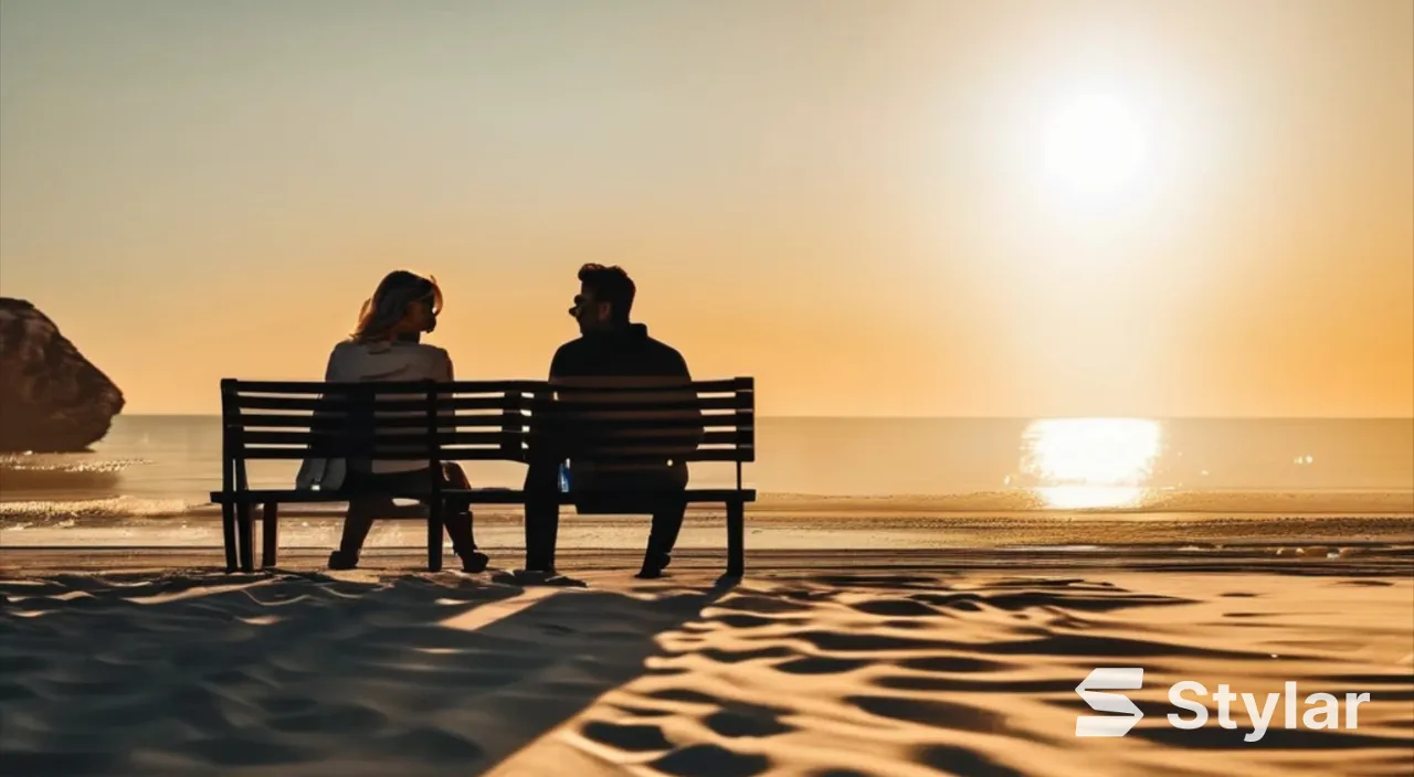 a man and a woman sitting on a bench on the beach