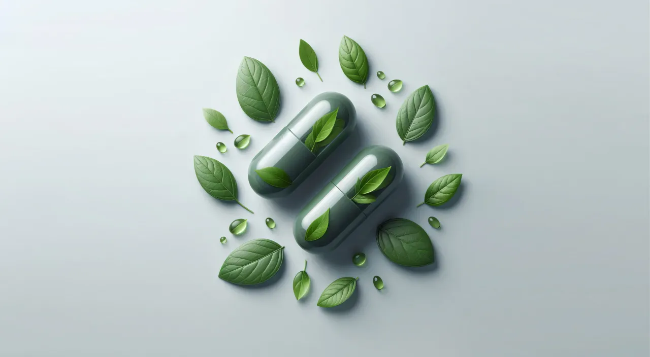 two pills with green leaves surrounding them