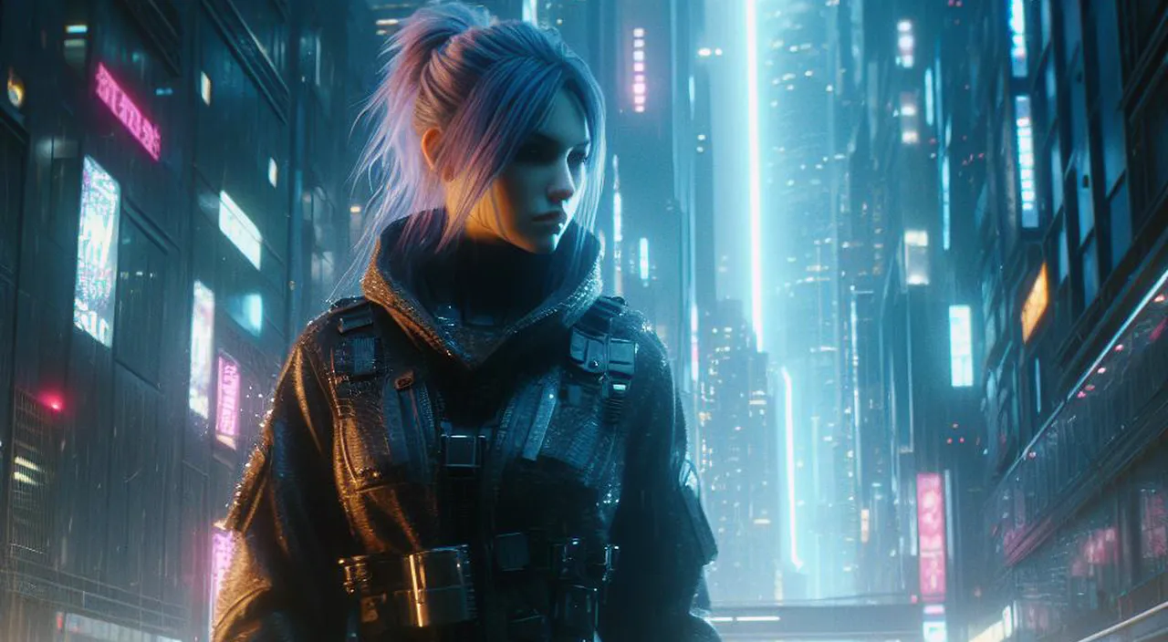 a woman standing in a futuristic city at night