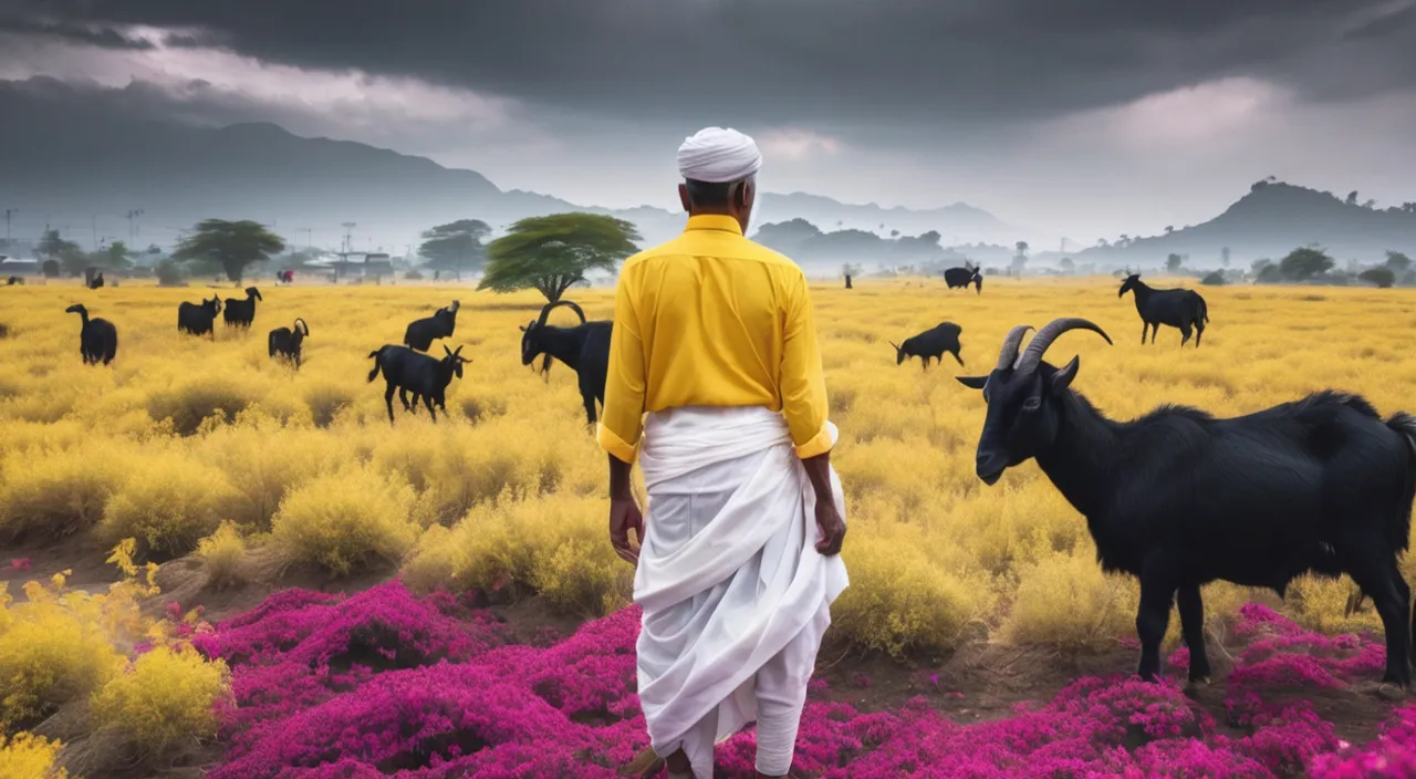 a man standing in a field with a goat