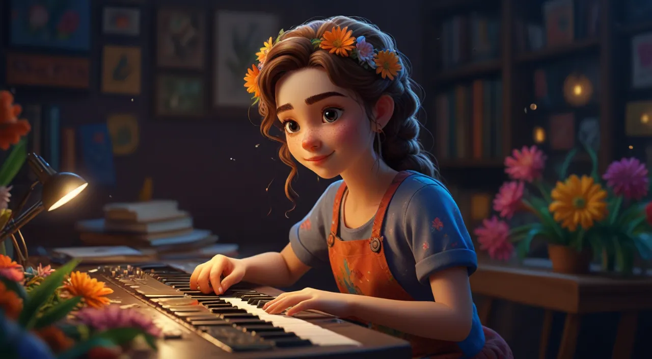 a young girl playing a piano in a room full of flowers