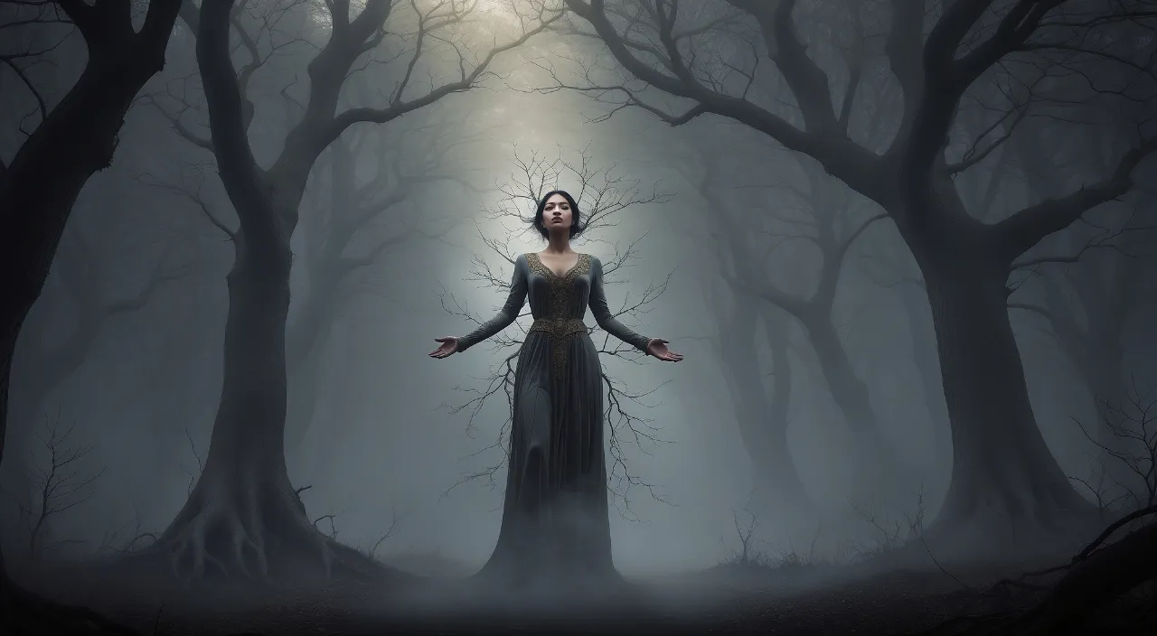 a woman standing in the middle of a forest