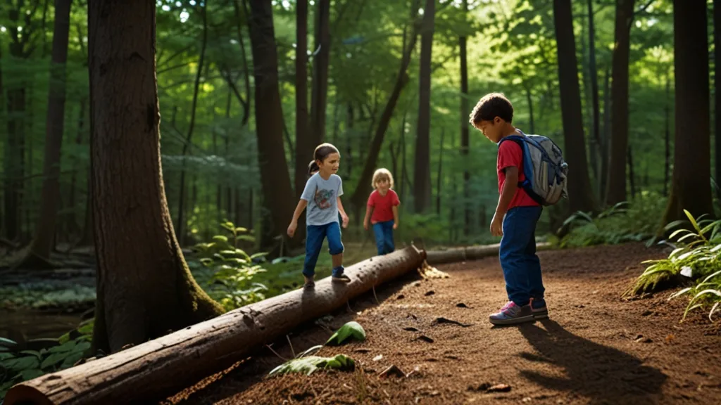 a group of young children walking across a forest