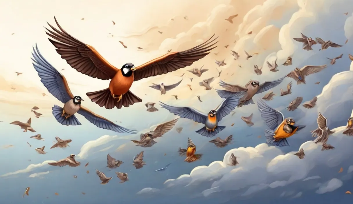 a painting of birds flying in the sky