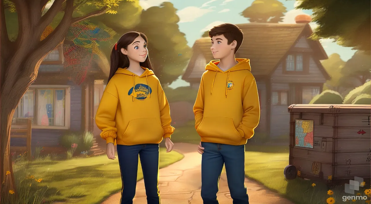 a boy and a girl standing in front of a house