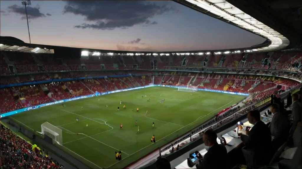 a large stadium filled with people watching a soccer game people animate