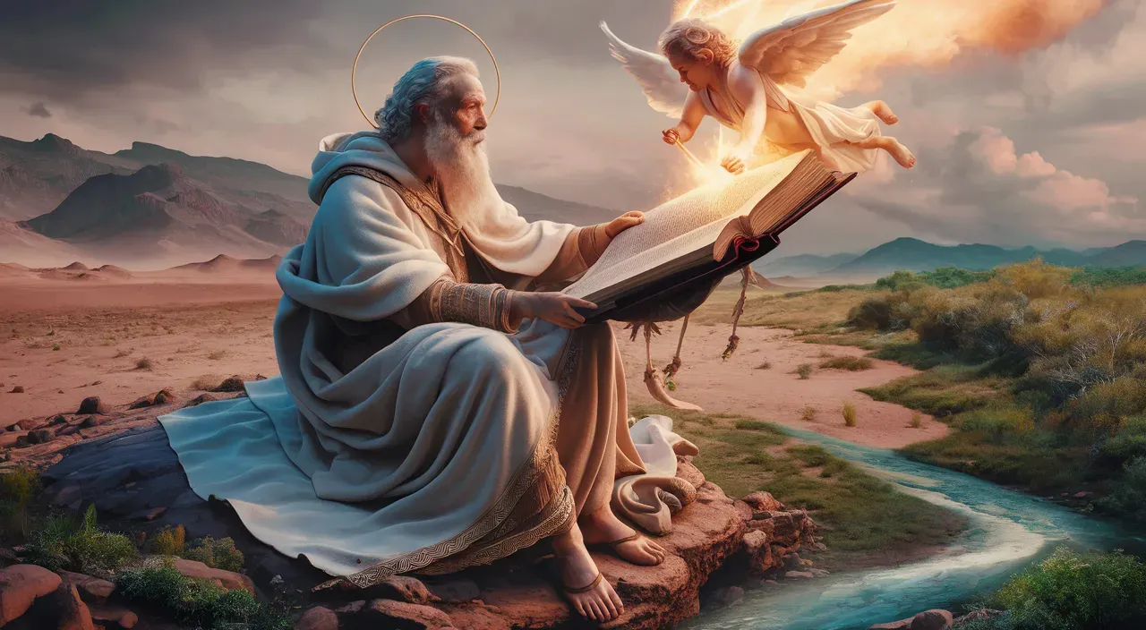 a painting of an angel reading a book