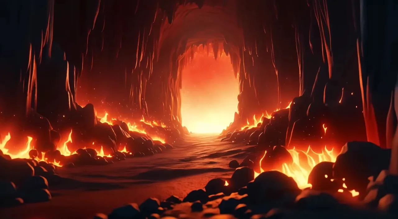 a dark cave with lava and lava formations