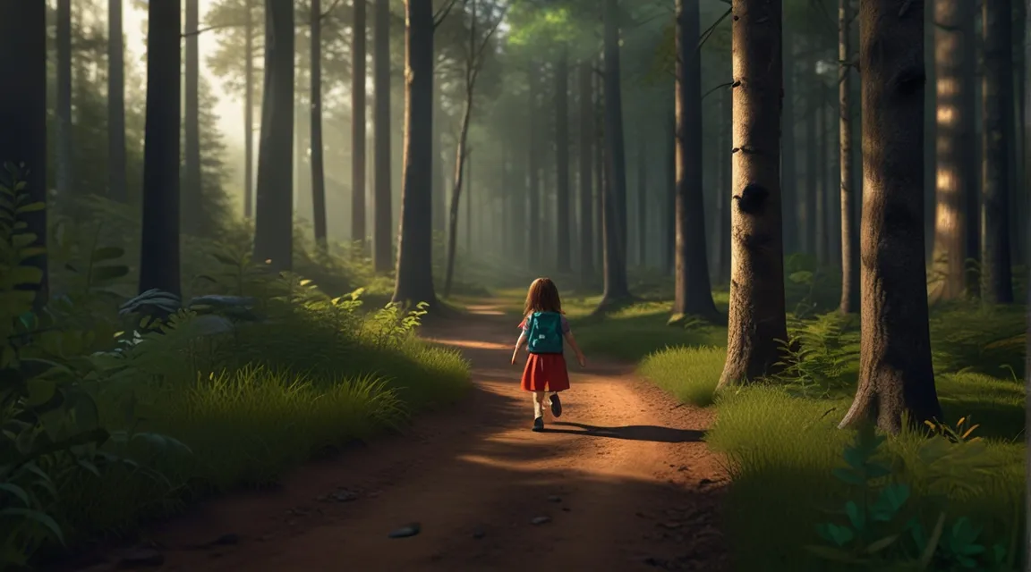 a little girl walking down a dirt road in a forest