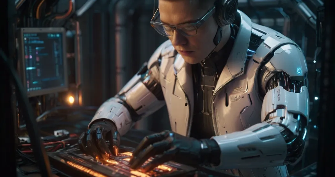 Close-up shot of a businessman wearing a futuristic suit while Siri-like AI responds to the commands on the computer screen