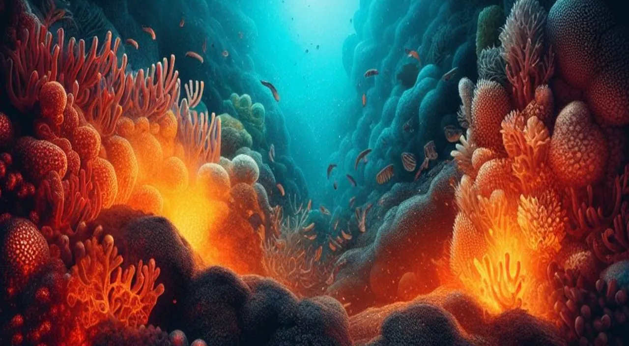 a painting of an underwater scene with corals