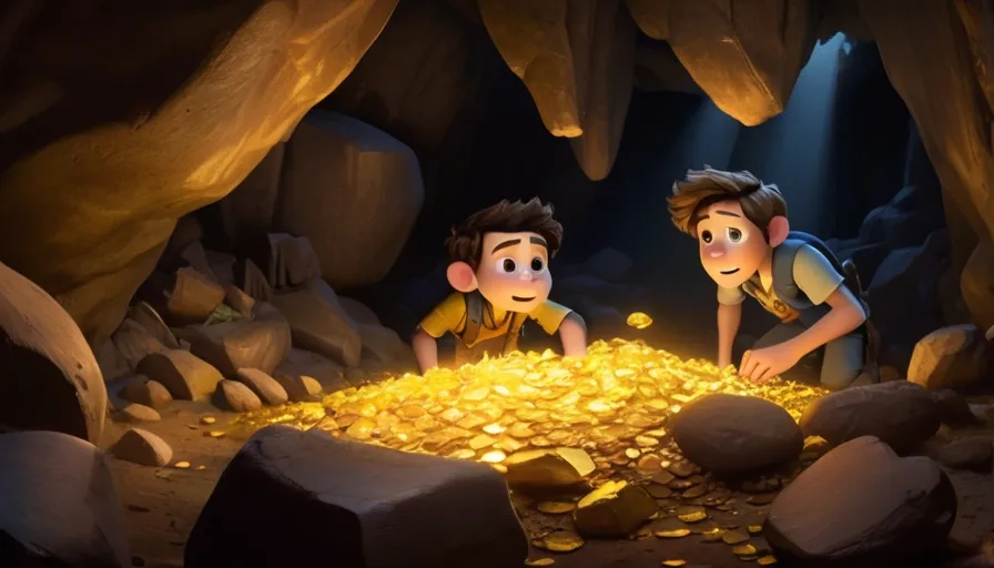 2 kids standing next to a pile of gold