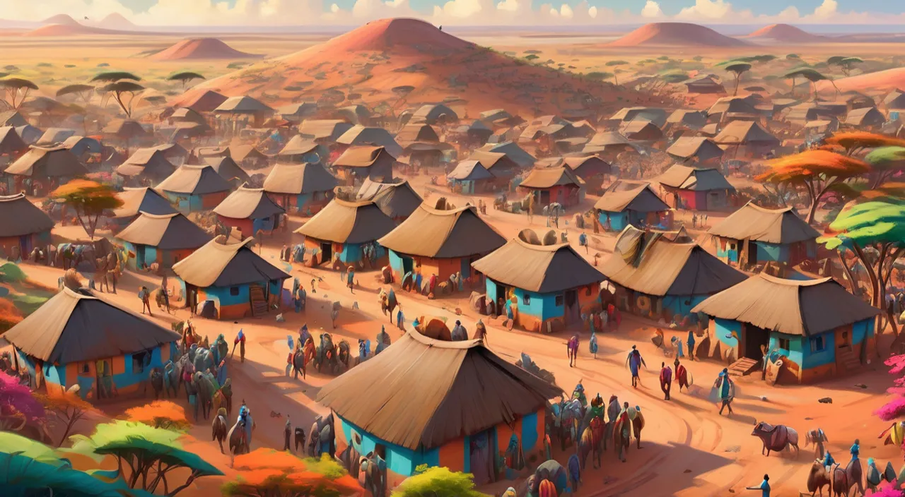 a painting of a village in the middle of a desert