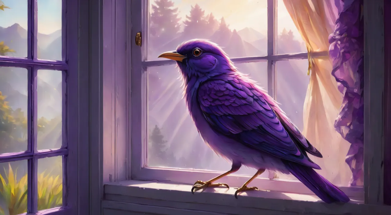 a purple bird is sitting on a window sill