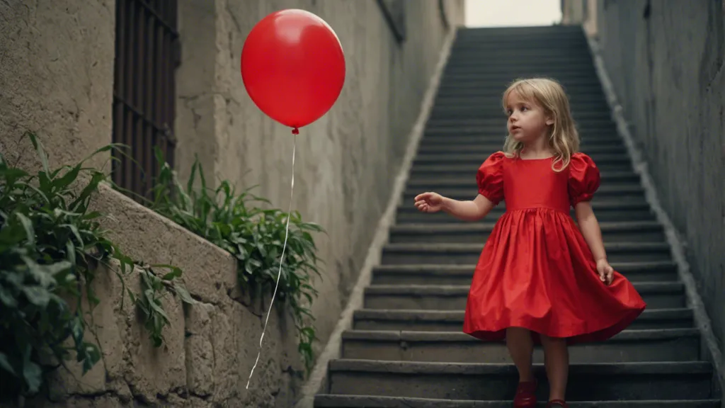 a little girl in a red dress holding a red balloon