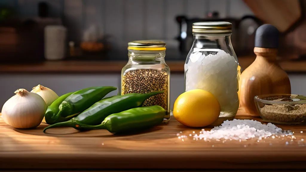 a wooden table topped with pepper jar, salt jar, pepper, onion