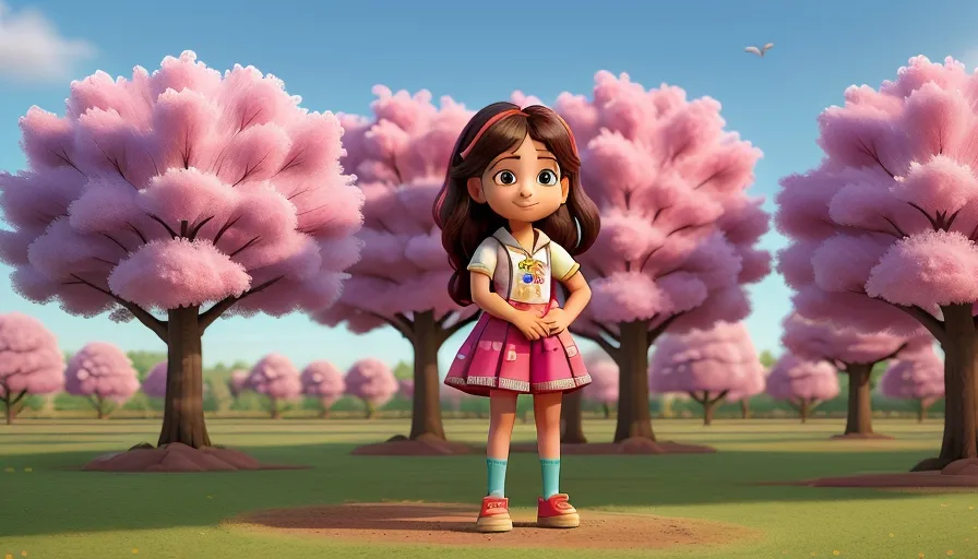 a young girl standing in front of a tree filled with pink flowers