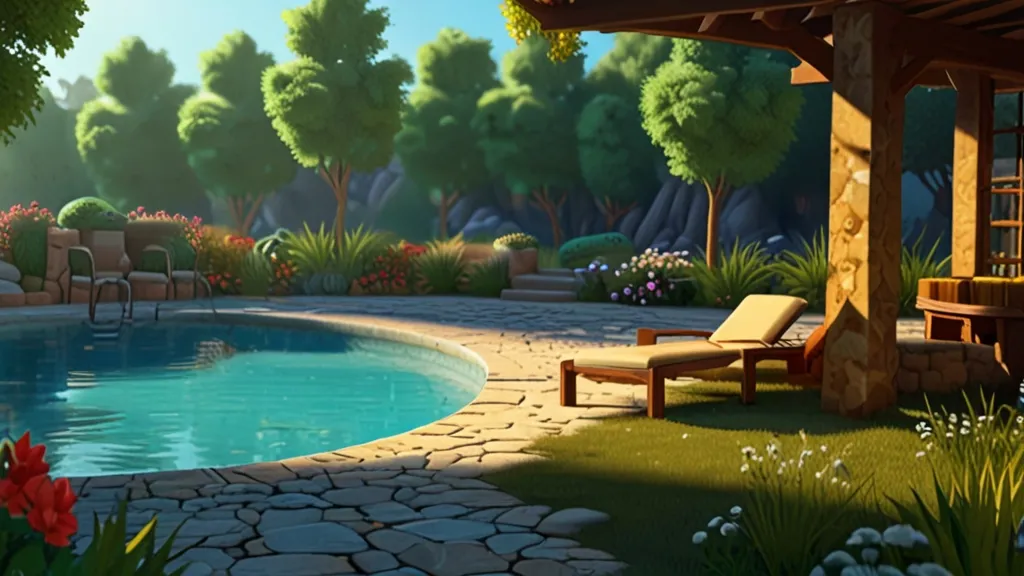 a painting of a backyard with a pool and patio furniture