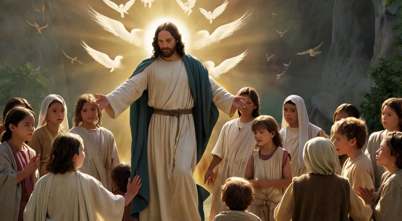 a painting of jesus surrounded by children