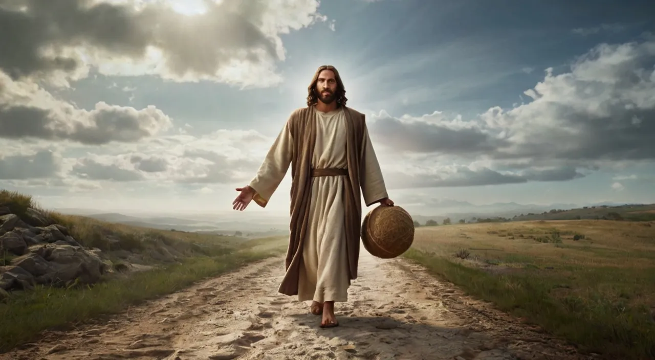 jesus walking down a dirt road with his arms outstretched