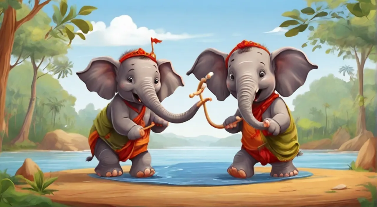 two elephants standing next to each other in a forest. Cartoon