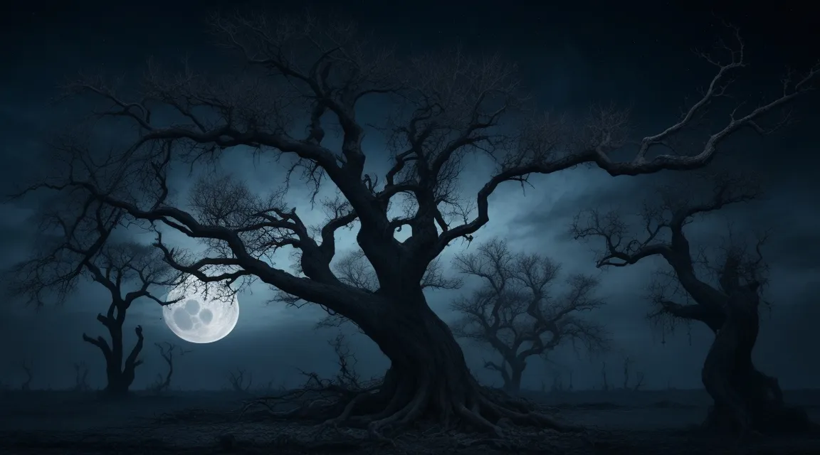 a dark forest with a full moon in the background