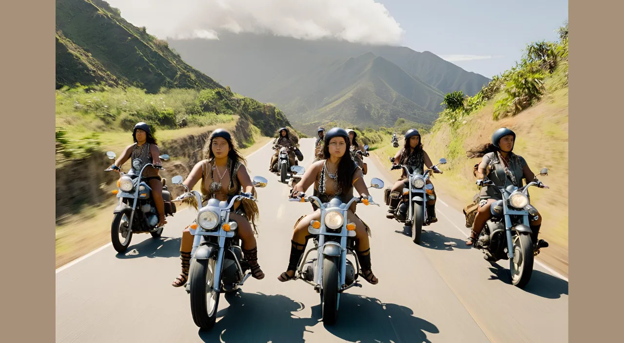 a group of women riding motorcycles down a road