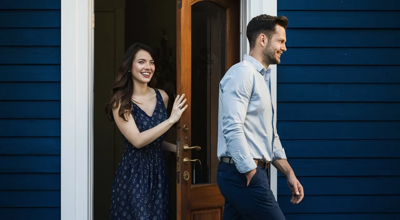 image of man walking away while his beloved woman surprisingly appears at the door