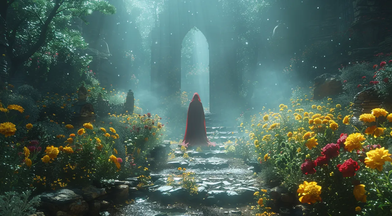 a woman in a red cloak is walking through a garden