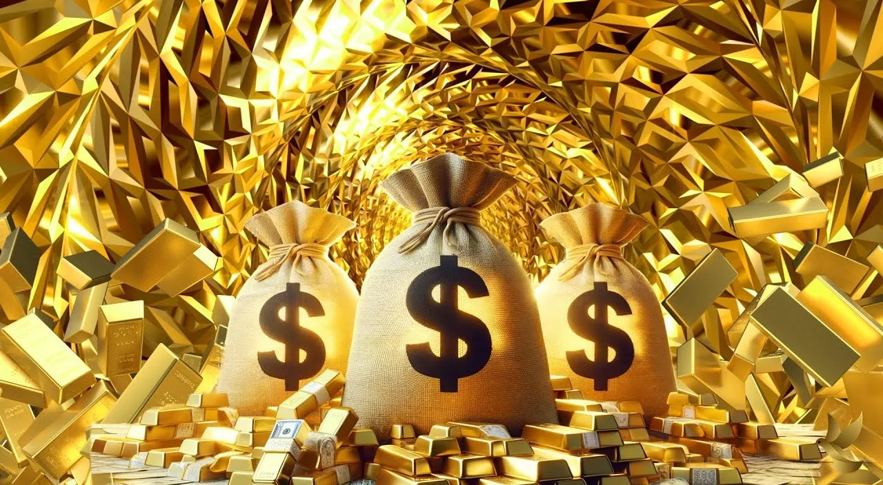 create a falling Money with golden background, 8k , size of 1920x1080, colorful
