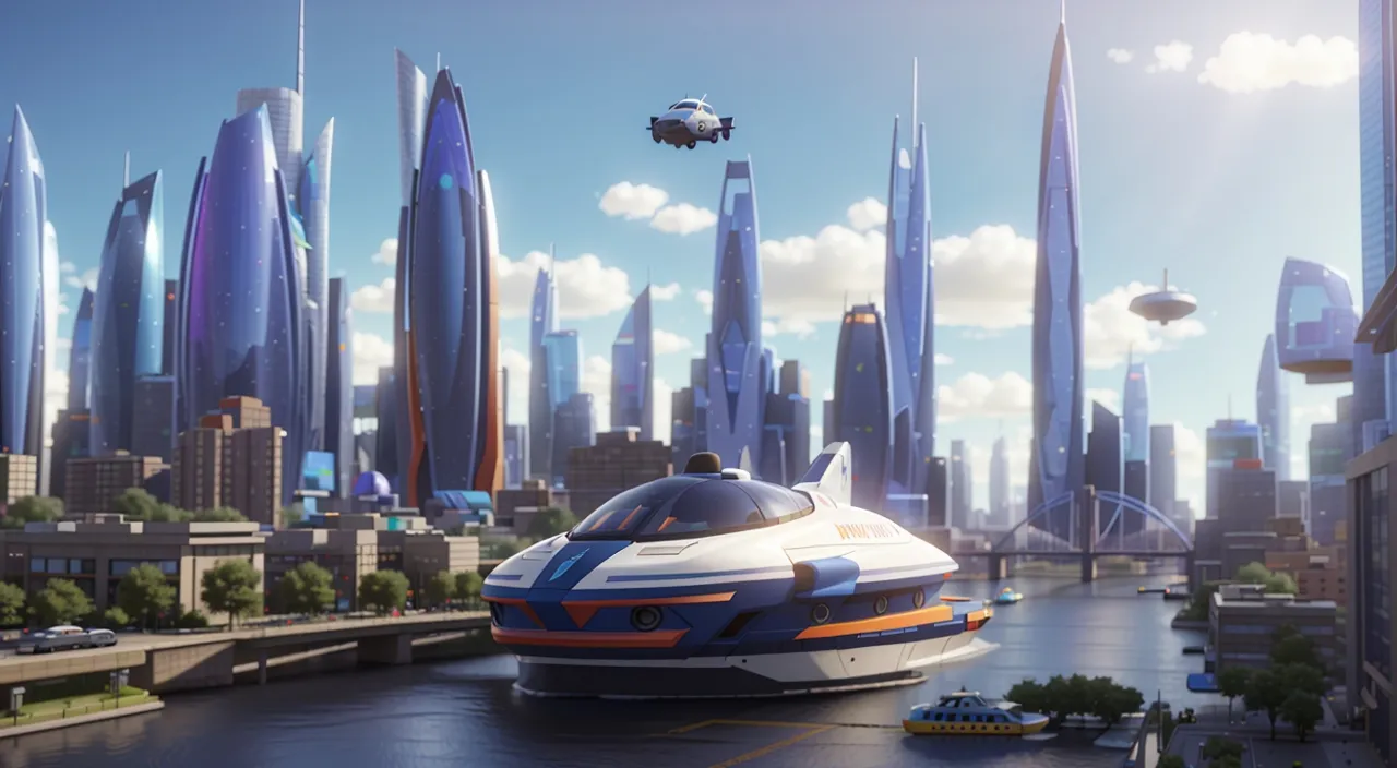 a futuristic city with a futuristic flying saucer