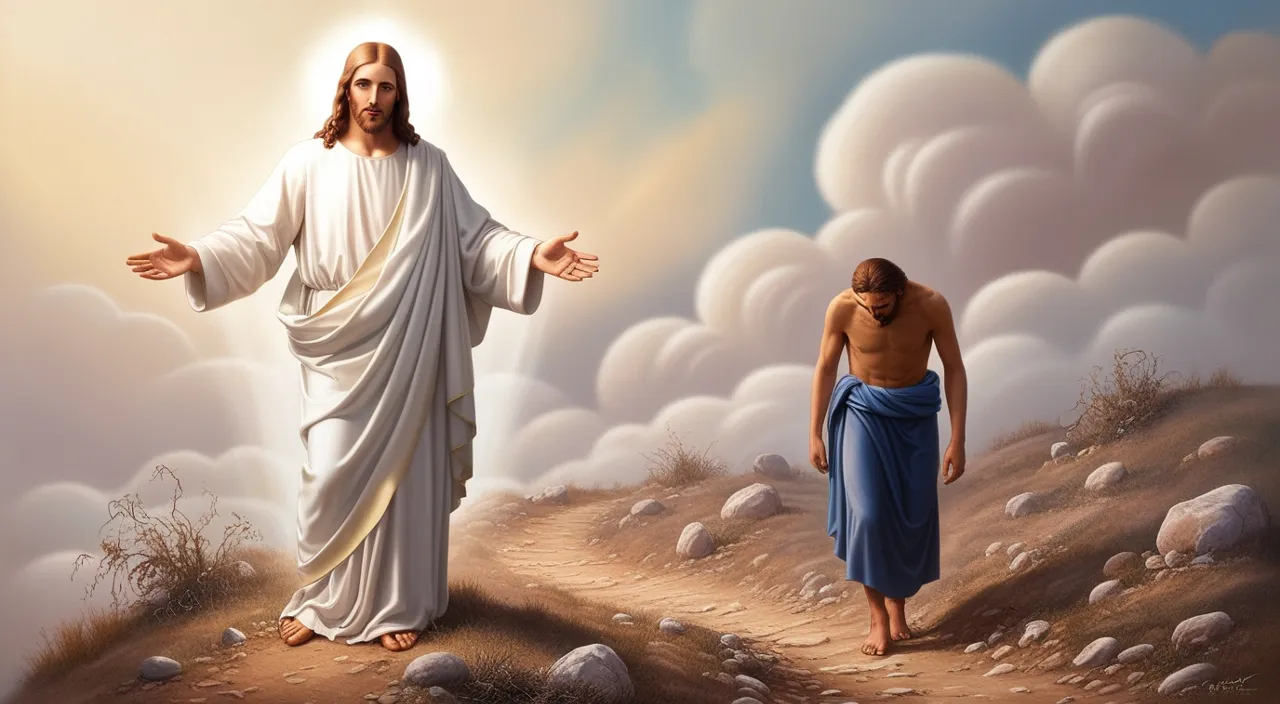 a painting of jesus and a man in the desert