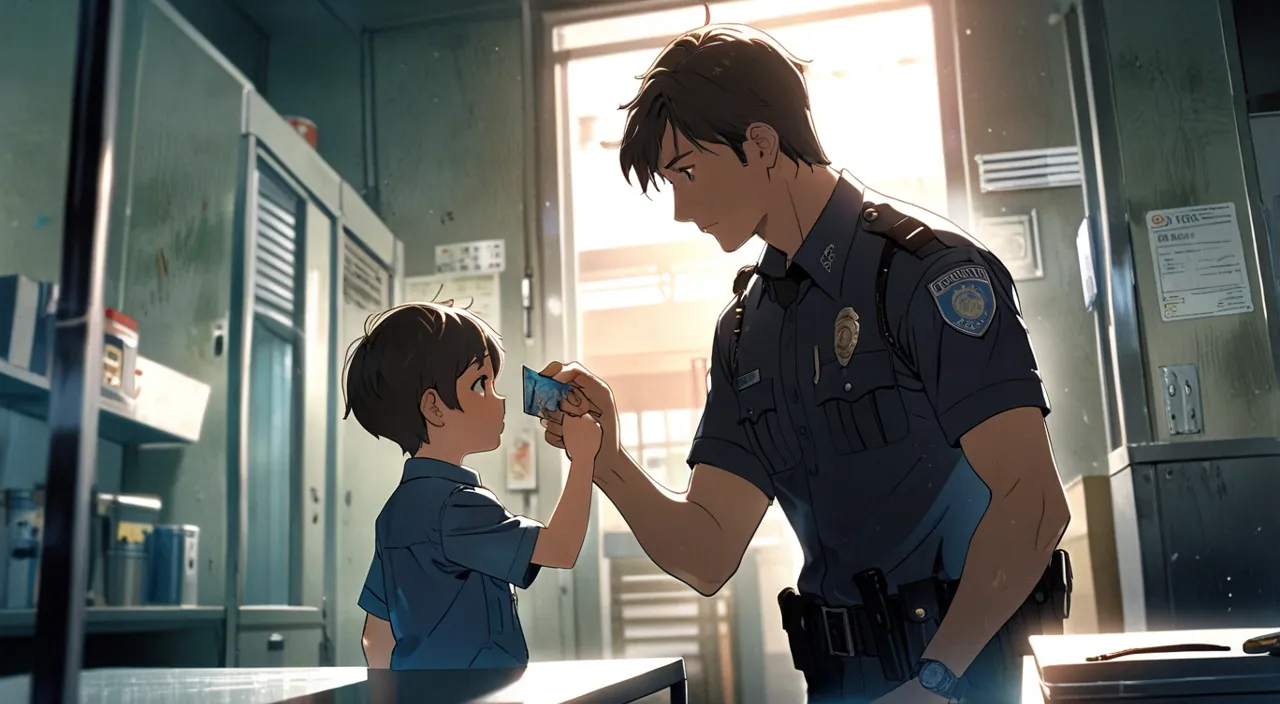 a police showing a id card to a little boy 