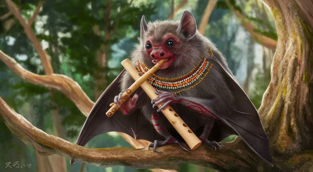 a painting of a bat with a flute in its mouth