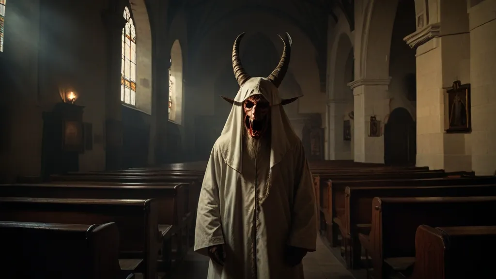 a man wearing a horned mask in a church