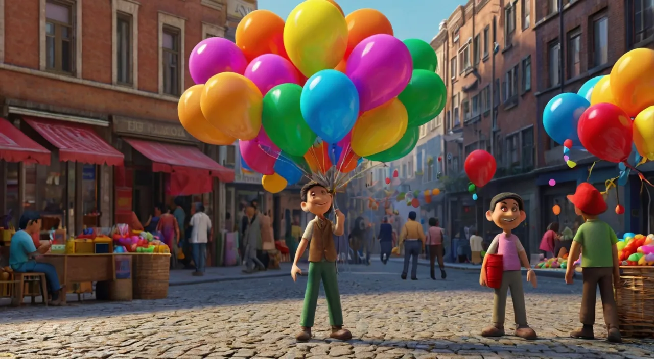 a bunch of balloons floating in the air over a street