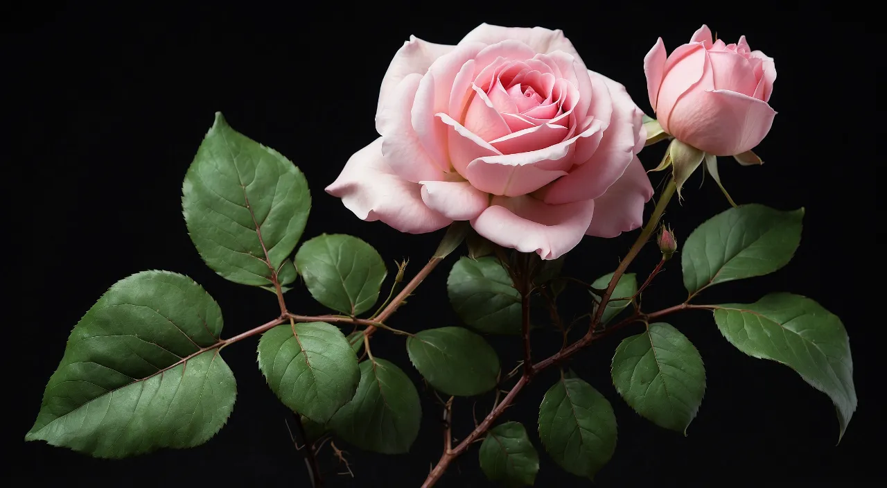 two pink roses with green leaves on a black background