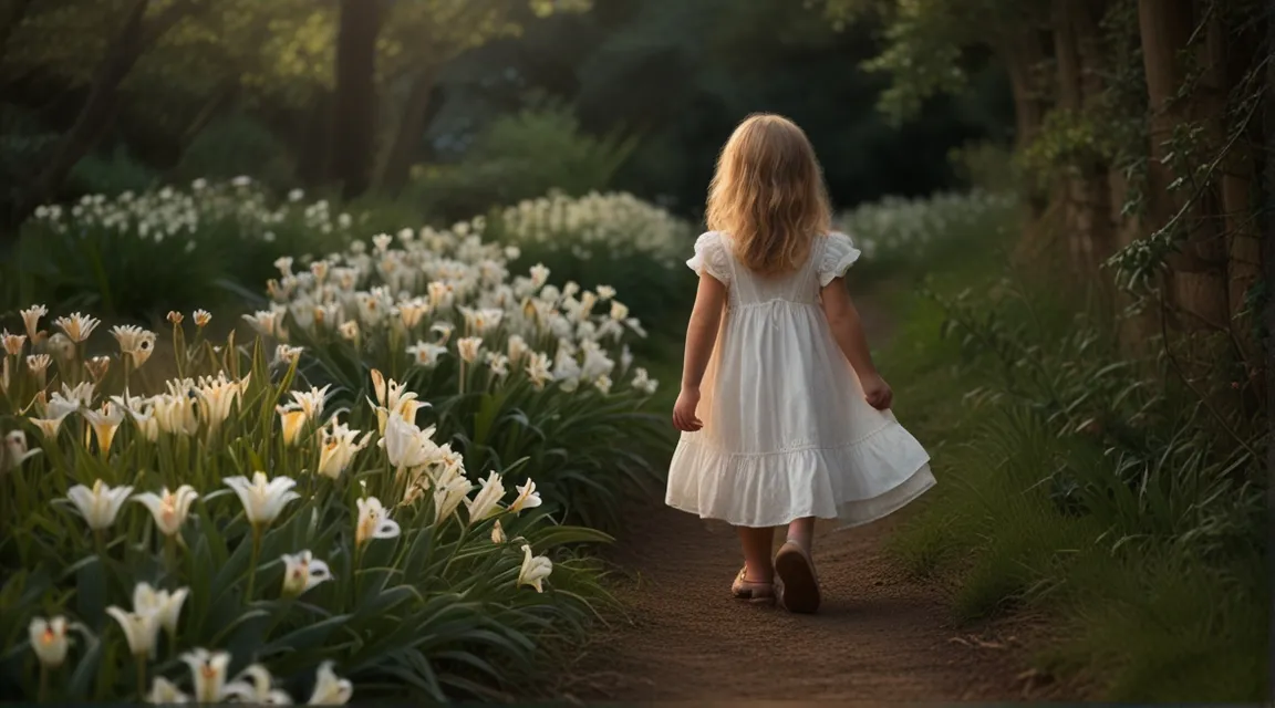 a little girl walking down a path in a field of flowers