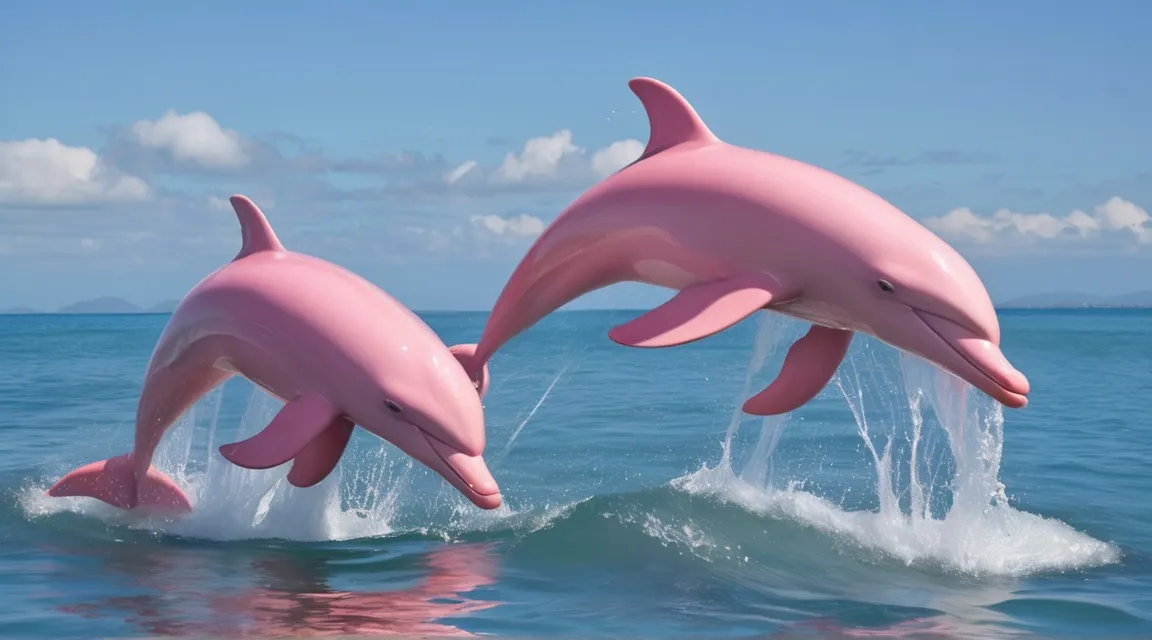 two pink dolphins jumping out of the water