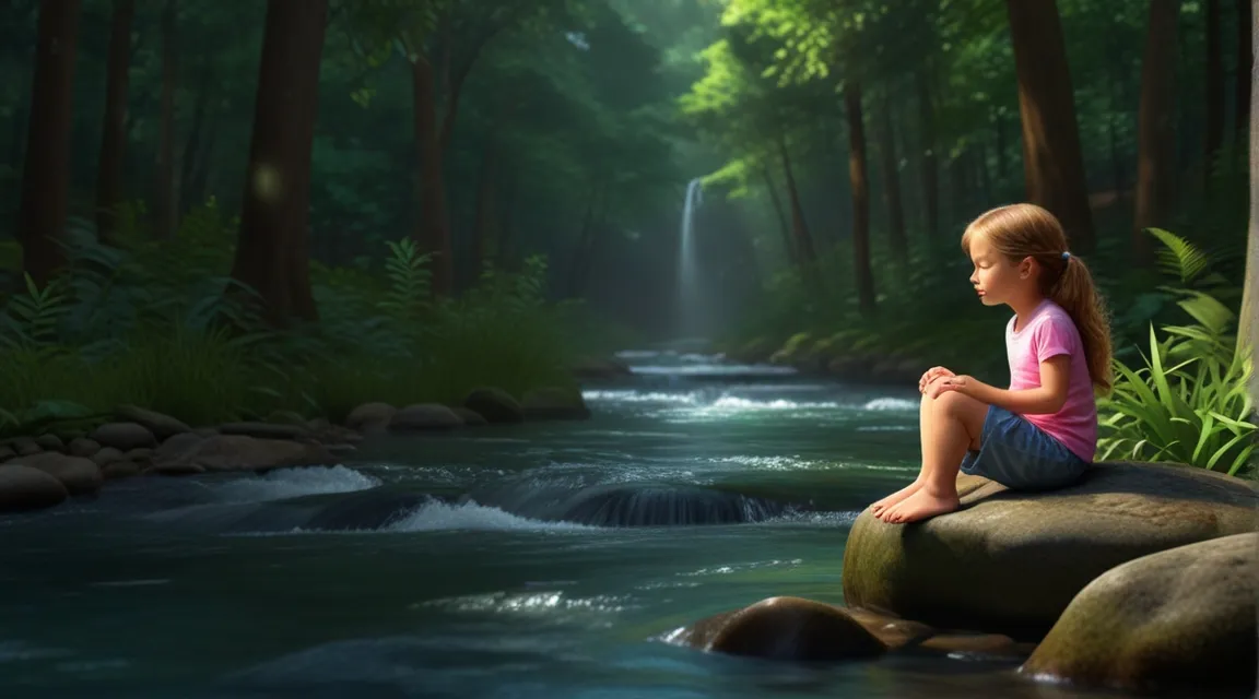 a little girl sitting on a rock by a stream