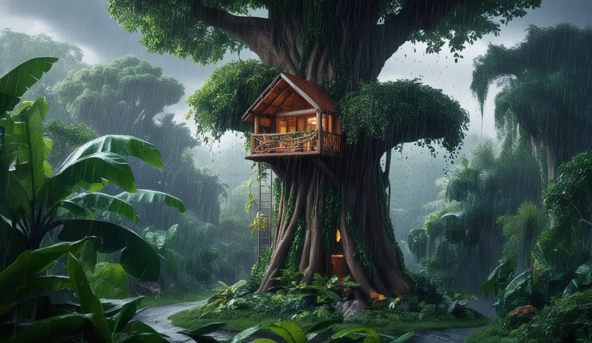 A tree house perched atop an old, sturdy tree trunk in the middle of a storm, fast rain and lightning creating an electric, dramatic atmosphere