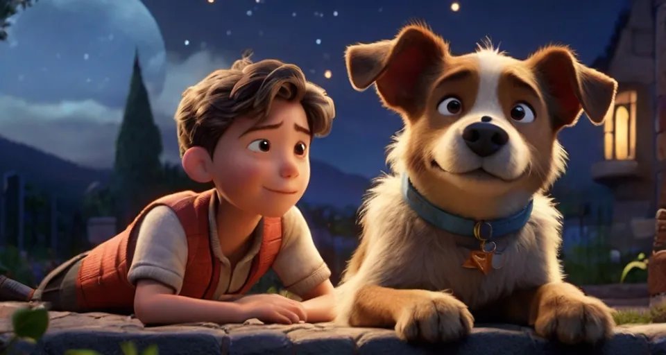 a boy and a dog in a scene look the sky at night