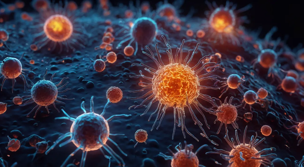 An image of a group of small, yellow and orange cells germs and bacteria. Floating in the water, Glowing light and movement mixed together