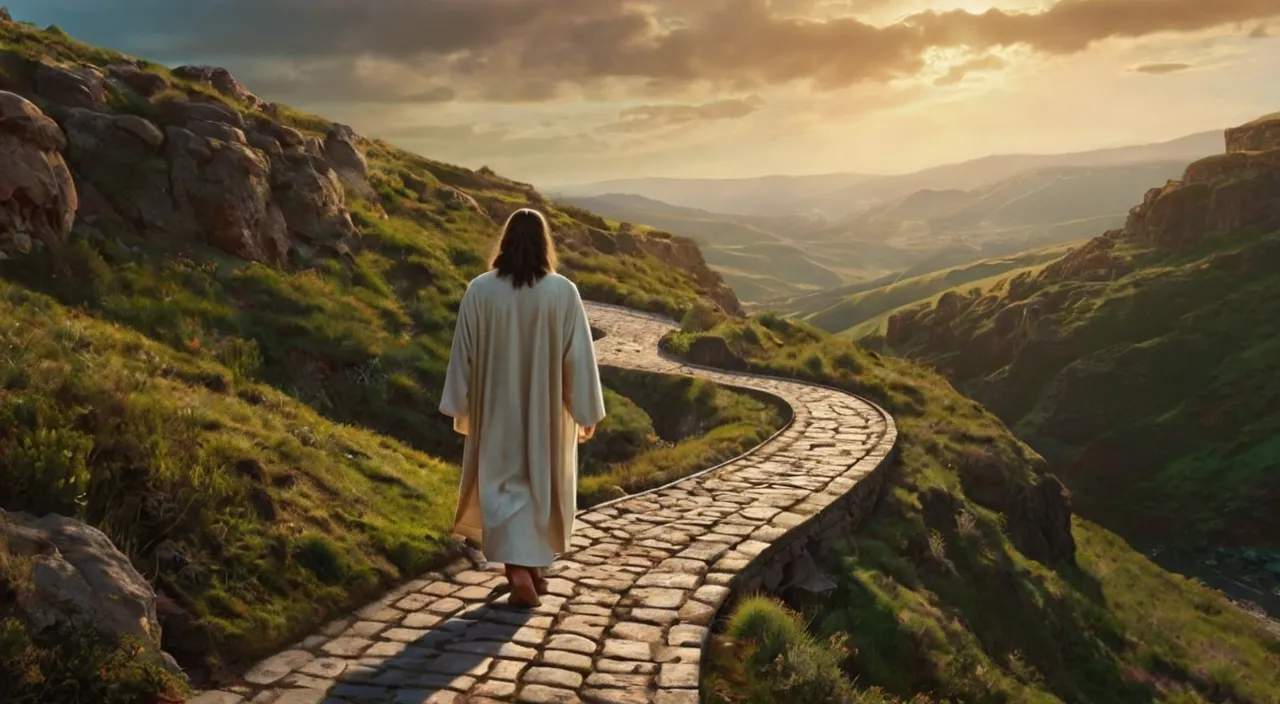 a woman in a white robe is walking on a path