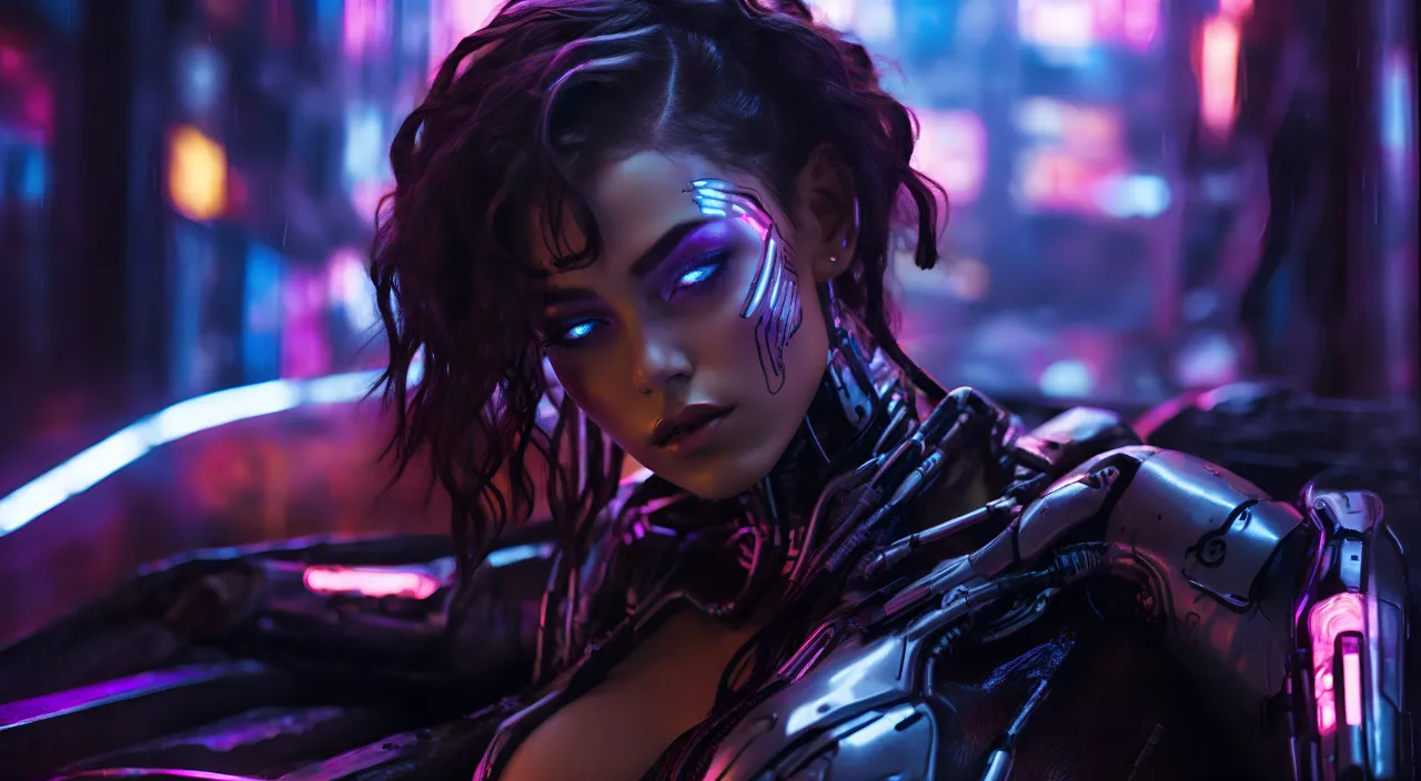 a woman in a futuristic suit with glowing eyes