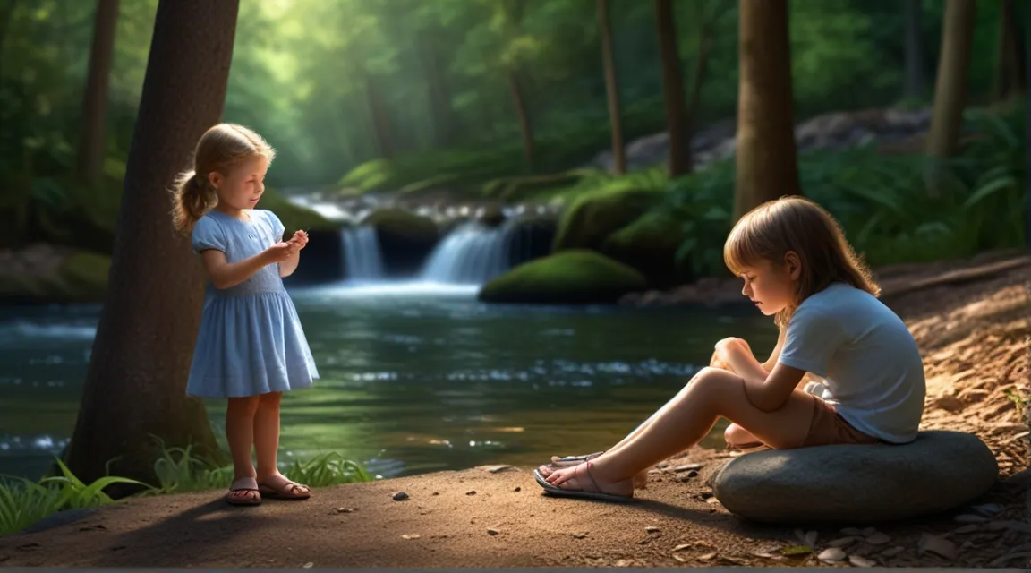 a young girl sitting on a rock next to a little girl